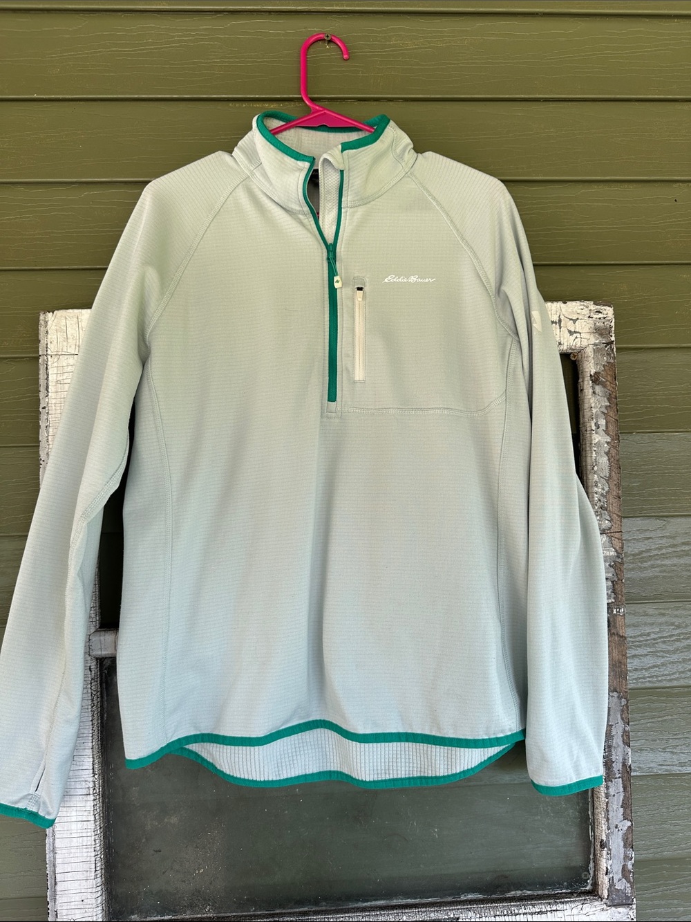 Eddie Bauer Men’s Light Sage Half-Zip Sweater with Teal Trim